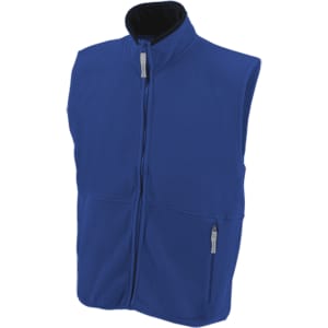 A blue polar fleece vest with a zipped front and two side pockets, featuring a collar and a branding logo.