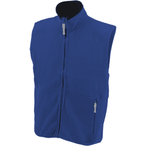 A blue polar fleece vest featuring a full zip and two zipped pockets, with a logo on the front.