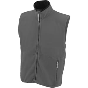 A grey polar fleece vest with a high collar and zippered pockets, featuring a logo on the front.