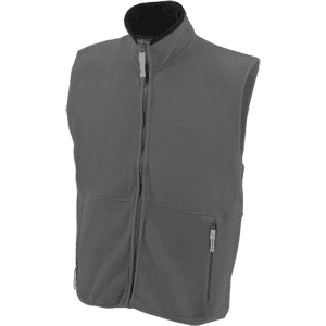 A grey polar fleece vest with a high collar and zippered pockets, featuring a logo on the chest.