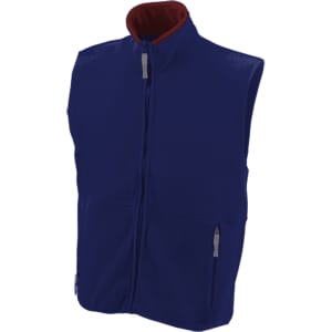 A polar fleece vest in navy blue with a red inner collar, featuring two front pockets and a zip closure.