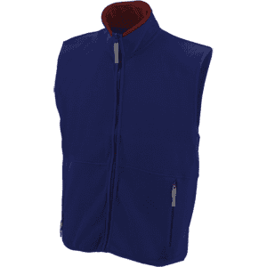A sleeveless polar fleece vest in navy blue with a red collar and two front pockets. Features a zip closure and branding.