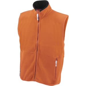 An orange polar fleece vest with a black collar, featuring a front zip and two side pockets. It has a logo.