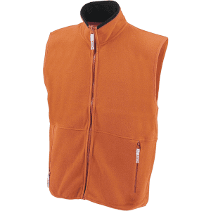 An orange polar fleece vest featuring a zip front and two side pockets. It has a black collar and a logo.