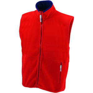 A red polar fleece vest with a zip front and a blue collar, featuring side pockets and a logo.