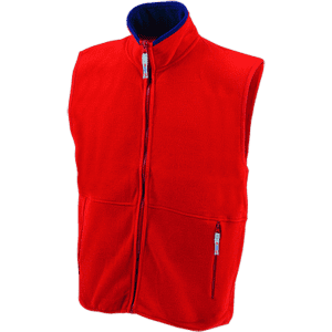A red polar fleece vest with a high collar and two zippered pockets, featuring a blue inner lining.