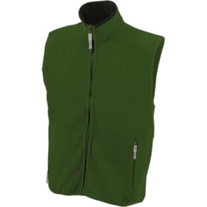 A green polar fleece vest with a high collar and zippered front pockets. It features a logo on one side.