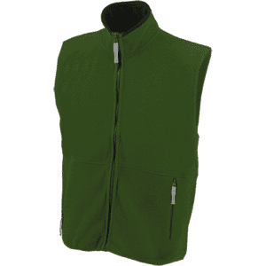 A green polar fleece vest with a high collar and zippered pockets. Features a logo on the front.
