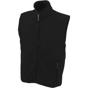 A black polar fleece vest with a high collar and zippered front, featuring two side pockets.