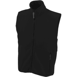 A black polar fleece vest features a high collar and zippered front pockets, with a logo on the side.