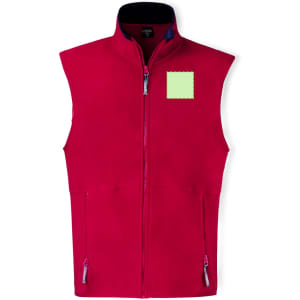 A red polar fleece vest with a high collar, zip front, and side pockets. Features a blank area for customisation.