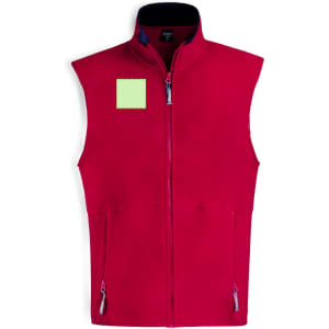 A red polar fleece vest features a high collar and a zip front, with a pocket and branding on the chest area.