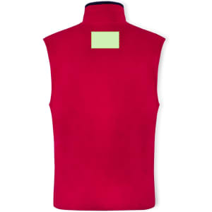 A red polar fleece vest featuring a high collar and a blank area on the back, with a logo present.