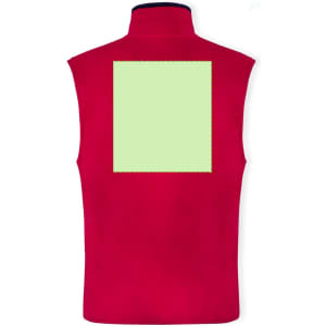 A red polar fleece vest featuring a blank square area on the back and a high collar, with a logo present.