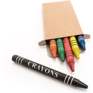 A pack of colourful crayons in various shades, with a black crayon labelled "CRAYONS" resting beside it.