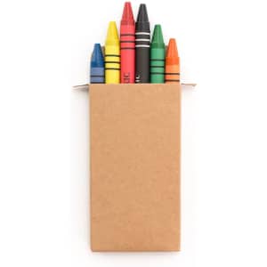 A cardboard box containing six crayons in red, blue, green, yellow, black, and orange. The box has a simple design.