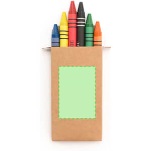 A set of six crayons in red, black, blue, green, yellow, and orange, inside a brown cardboard box with a logo.