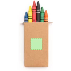 A crayon set in a brown cardboard box, featuring red, blue, green, yellow, black, and orange crayons.