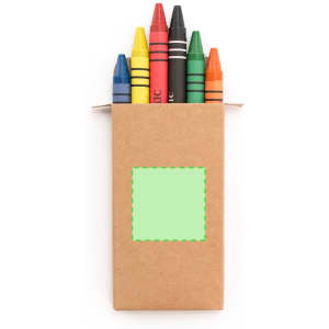 A cardboard box containing six crayons in red, yellow, blue, green, black, and orange. The box features a logo.