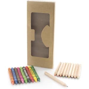 A coloured pencil set in a cardboard box, featuring various vibrant colours and a wooden pencil.
