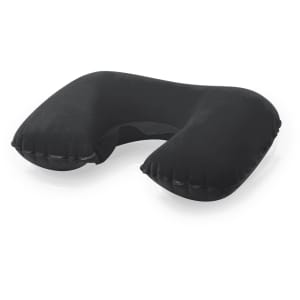 A black travel pillow with a U-shape design, featuring a soft, inflatable structure and a logo.