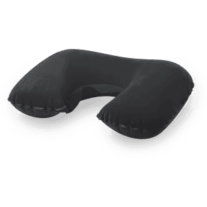 A black traveller pillow with a U-shape, designed for neck support. The surface appears soft and velvety.