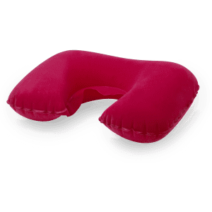 A red neck pillow with a U-shape design, featuring a soft, plush fabric and an integrated air chamber.