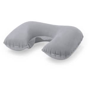 A grey travel pillow in a U-shape, designed for comfort with soft, plush fabric and a logo.