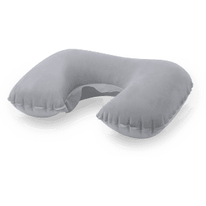 A grey travel pillow with a U-shaped design, featuring plush surface for comfort. It includes branding on the side.