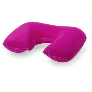 A pink inflatable travel pillow featuring a U-shape design for neck support. It has a velvety surface and includes a logo.