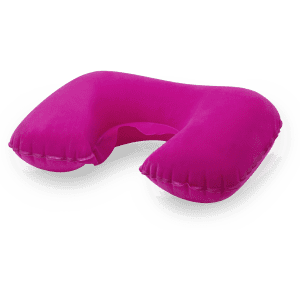 A pink travel pillow with a U-shaped design, featuring a soft texture and a branded logo.