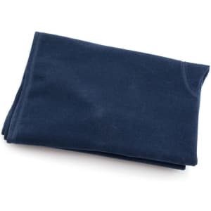 A navy blue travel pillow, folded and featuring a soft fabric texture, with a logo on the side.