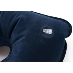 A navy blue travel pillow featuring a transparent valve for inflation and deflation.