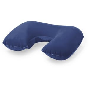 A navy blue travel pillow with a U-shape design, featuring a soft, cushioned surface and a small opening.