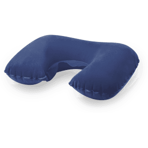 A navy blueTraveller Pillow with a U-shape design, featuring a soft, plush texture. Includes a branding logo.