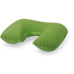 A green, inflatable travel pillow featuring a U-shaped design for support and comfort. It has a smooth surface and a logo.