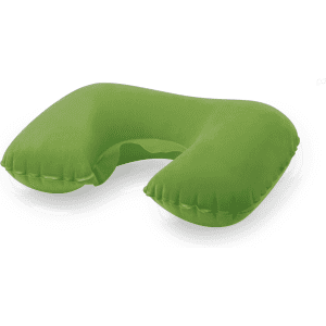 A green U-shaped travel pillow with a soft, inflatable design, featuring a smooth surface and rounded edges.