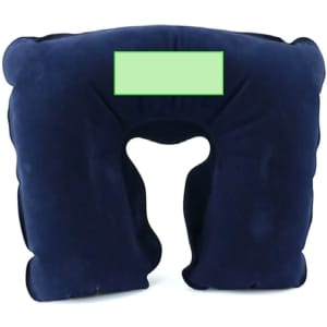 A navy blue neck pillow with a curved design and an opening in the centre. It features a logo or branding.