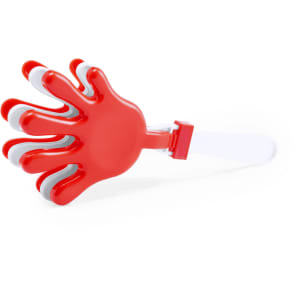 A red novelty hand-shaped clapper with white accent details, featuring a handle for easy use.