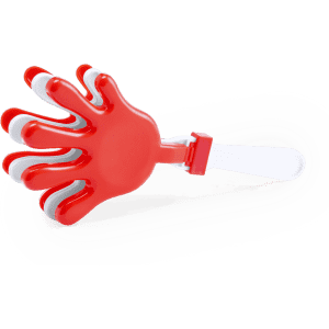 A red novelty hand toy with white accents, designed for fun and games, featuring a branding logo.