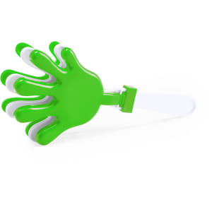 A green hand-shaped novelty item with white accents, designed for fun and play. It features a brand logo.
