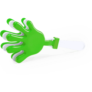 A green novelty hand toy with a white handle, featuring a clapping design. It has a shiny finish.