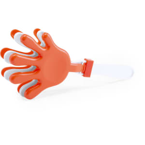 An orange novelty hand clapper with white accents, featuring a logo on the handle.