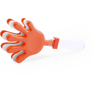 An orange novelty hand toy with white fingers, featuring a flexible strap. Ideal for fun and games.
