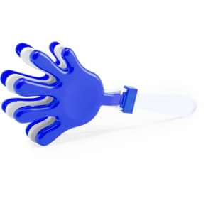 A blue novelty hand-shaped item with white accents, designed for fun and games. It features a logo.