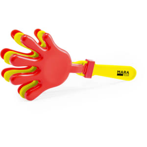 A novelty hand-shaped item in red and yellow with a yellow handle, featuring a logo.