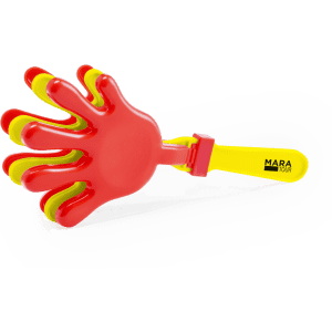 A novelty hand-shaped clapper in red and yellow, featuring a branding logo on the handle.