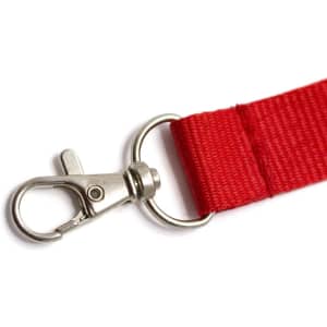 A red neck lanyard with a metal clip and ring attachment for securing items.