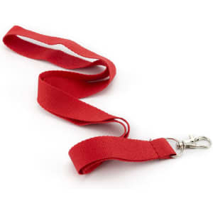 A red neck lanyard made of fabric, featuring a metal clip for attachment.
