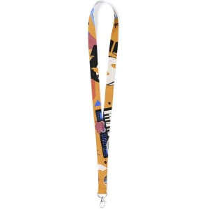 A patterned neck lanyard in yellow with multicoloured designs and a clip at the end.